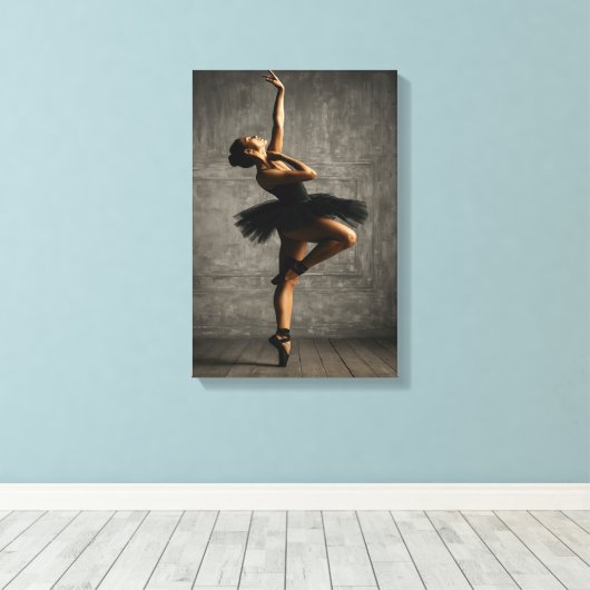 Ballerina in zwarte tutu op rustieke danspodium canvas afdruk (Insitu (Houten vloer))