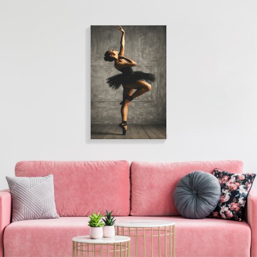 Ballerina in zwarte tutu op rustieke danspodium canvas afdruk (Insitu (Woonkamer))