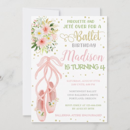 Ballerina Invitation Ballet Birthday Invite Kaart (Voorkant)