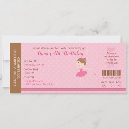 Ballerina Invitation (Ballet Ticket Invites) Roze Kaart (Voorkant)