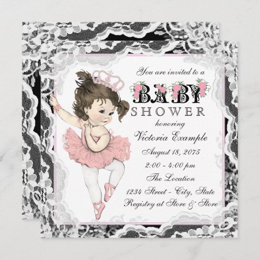  Ballerina Kant Roze en Zwart Baby shower Kaart (Voorkant / Achterkant)