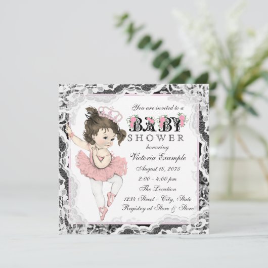  Ballerina Kant Roze en Zwart Baby shower Kaart (Staand voorkant)