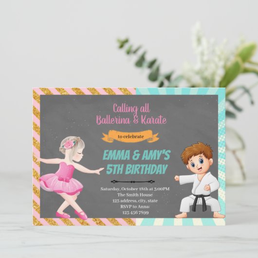 Ballerina karate gezamenlijke feest uitnodiging (Staand voorkant)