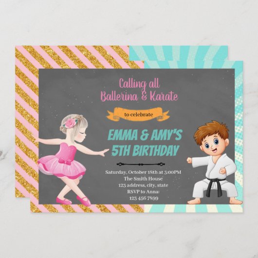 Ballerina karate gezamenlijke feest uitnodiging (Voorkant / Achterkant)