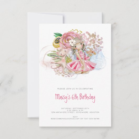 Ballerina Kat Bloemen Roze Meisje 6e Verjaardagsfe Kaart (Voorkant)