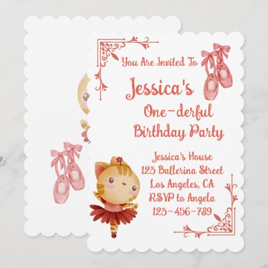 Ballerina Kat Kids Verjaardagsfeest Kaart (Voorkant / Achterkant)