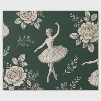 Ballerina Kerst Toile Wrap - Jager Groen Cadeaupapier