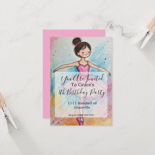 Ballerina Kids Verjaardagsfeestje Uitnodigen (Voorkant / Achterkant in situ)