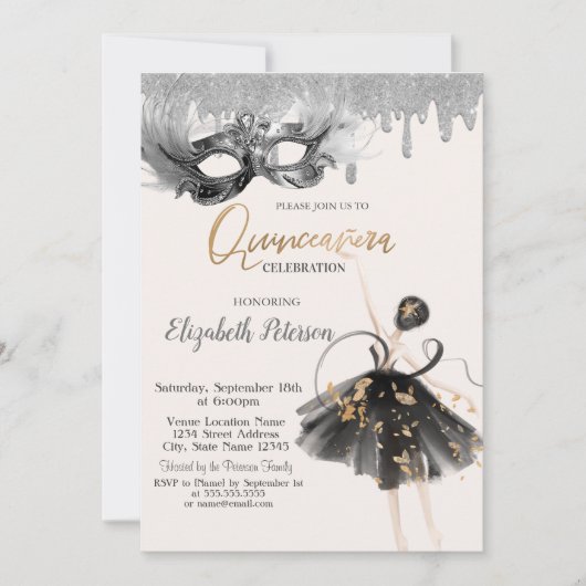 Ballerina Masque Glitter Drips Quinceanera Kaart (Voorkant)