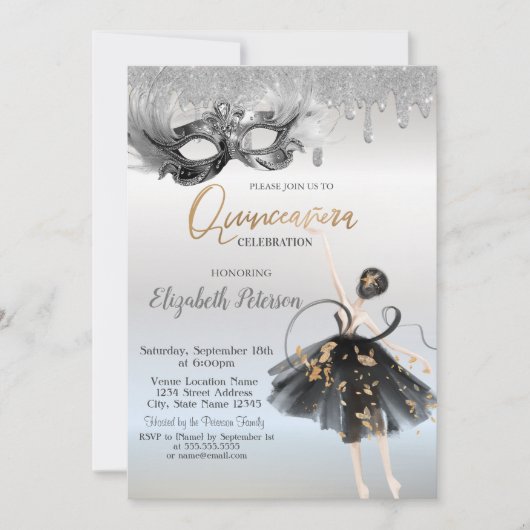  Ballerina Masque Glitter Drips Silver Quinceanera Kaart (Voorkant)