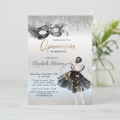  Ballerina Masque Glitter Drips Silver Quinceanera Kaart (Staand voorkant)