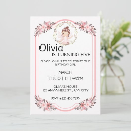 Ballerina Meisje Roze Bloemen Krans Verjaardagsfee Kaart (Staand voorkant)