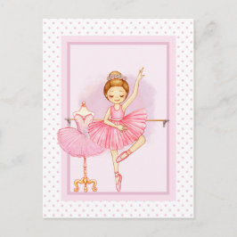 Ballerina meisje & teddybeer roze polka stippen briefkaart