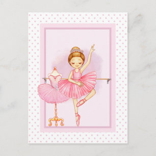 Ballerina meisje & teddybeer roze polka stippen  briefkaart