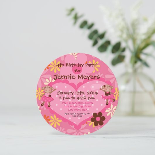 Ballerina Monkeys Custom Round Birthday Invitation Kaart (Staand voorkant)