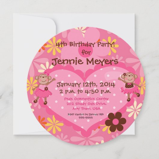Ballerina Monkeys Custom Round Birthday Invitation Kaart (Voorkant)