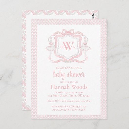 Ballerina Monogram Grandmillennial Baby shower Briefkaart (Voorkant / Achterkant)