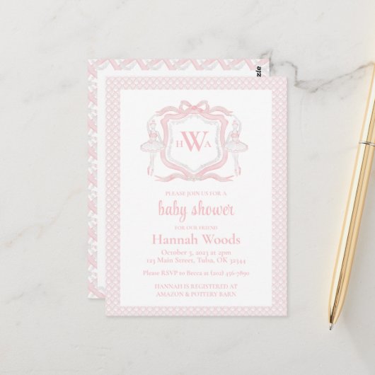 Ballerina Monogram Grandmillennial Baby shower Briefkaart (Voorkant / Achterkant in situ)