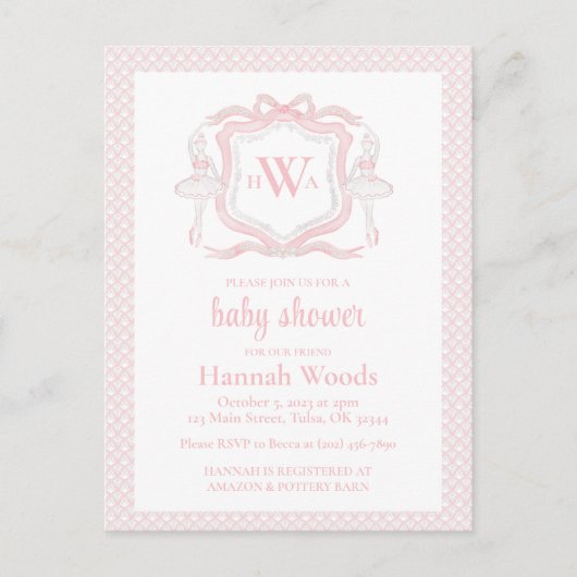 Ballerina Monogram Grandmillennial Baby shower Briefkaart (Voorkant)