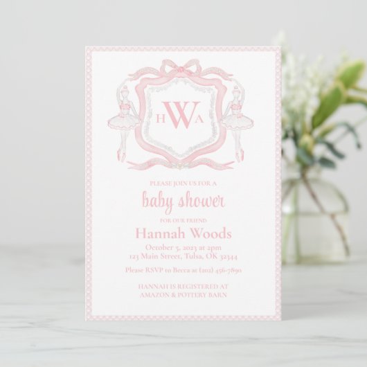 Ballerina Monogram Grandmillennial Baby shower Kaart (Staand voorkant)