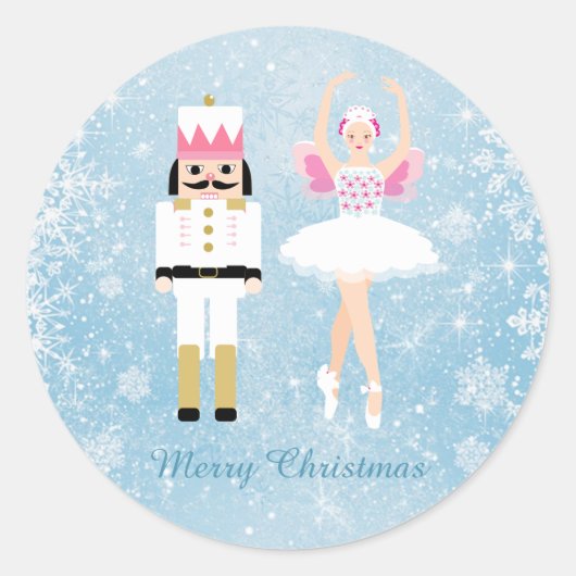 Ballerina & Notenkraker op blauwe Kerstmis Ronde Sticker (Voorkant)