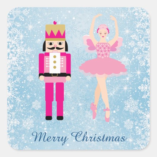 Ballerina & Notenkraker op blauwe Kerstmis Vierkante Sticker (Voorkant)