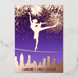 Ballerina NYC Skyline Fireworks Sweet 16 Roos Gold Folie Uitnodiging
