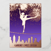 Ballerina NYC Skyline Fireworks Sweet 16 Roos Gold Folie Uitnodiging (Voorkant)