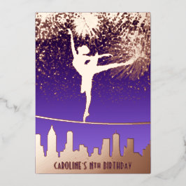 Ballerina NYC Skyline Vuurwerk Ballet Verjaardag Folie Uitnodiging