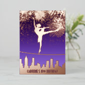 Ballerina NYC Skyline Vuurwerk Ballet Verjaardag Folie Uitnodiging (Staand Voorkant)