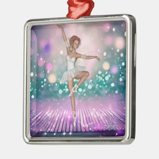 Ballerina op Paarse vloer en Blauwgroen achtergron Metalen Ornament (Links)