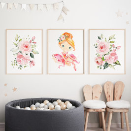 Ballerina, Oranje haar, roze bloemen, meisje kweke Muurkunst Sets