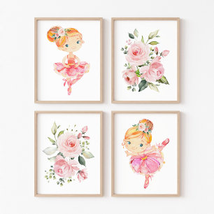Ballerina, Oranje haar, roze bloemen, meisje kweke Muurkunst Sets
