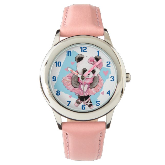 Ballerina Panda Roze Hart Kinder Horloge (Voorkant)
