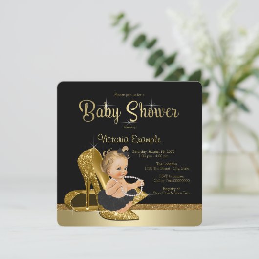 Ballerina Parels Zwart Gouden Schoen Baby shower Kaart (Staand voorkant)