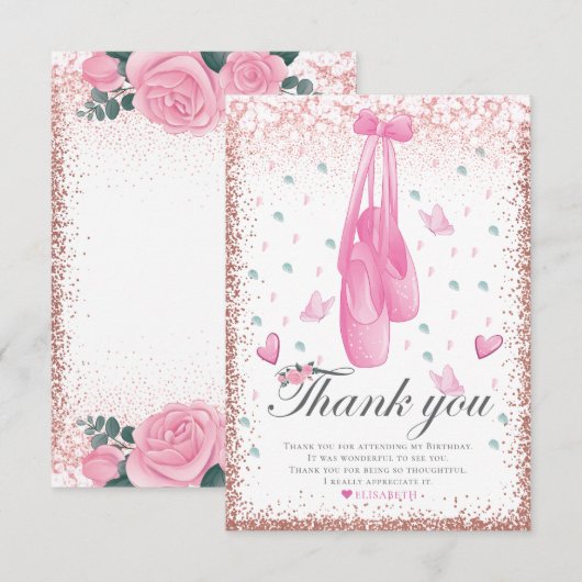 Ballerina Pastel Pink Glitter Birthday Bedankkaart (Voorkant / Achterkant)