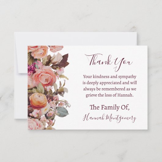 Ballerina Pink Bloemen Begrafenis Sympathie Dank u Notitiekaartje (Voorkant)