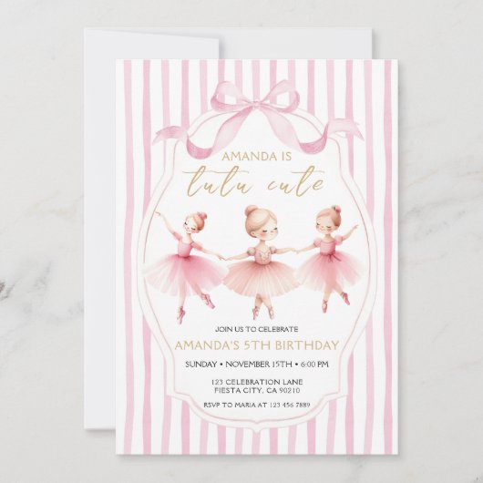  Ballerina Pink Bow Tutu Cute Birthday Invitation Kaart (Voorkant)