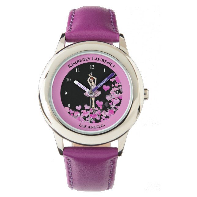 Ballerina Pink Dress on Hearts Black Background Horloge (Voorkant)