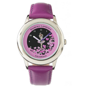 Ballerina Pink Dress op Hearts Black Background Horloge