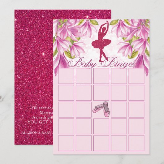 Ballerina Pink Glitter Baby shower Bingo Kaart (Voorkant / Achterkant)