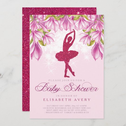 Ballerina Pink Glitter Baby shower Kaart (Voorkant / Achterkant)