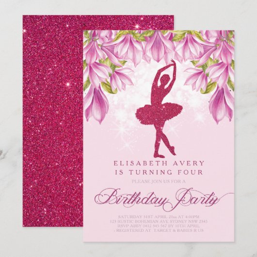 Ballerina Pink Glitter Birthday Kaart (Voorkant / Achterkant)
