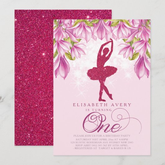 Ballerina Pink Glitter Eerste Verjaardag Kaart (Voorkant / Achterkant)