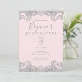 Ballerina Pink Silver Glitter Lace Quinceañera Kaart (Staand voorkant)