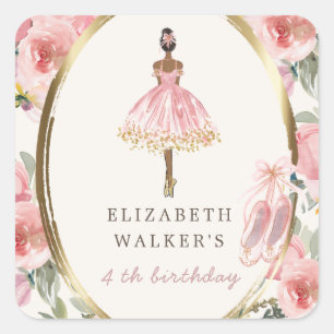 ballerina princess floral blush verjaardagsfeest vierkante sticker