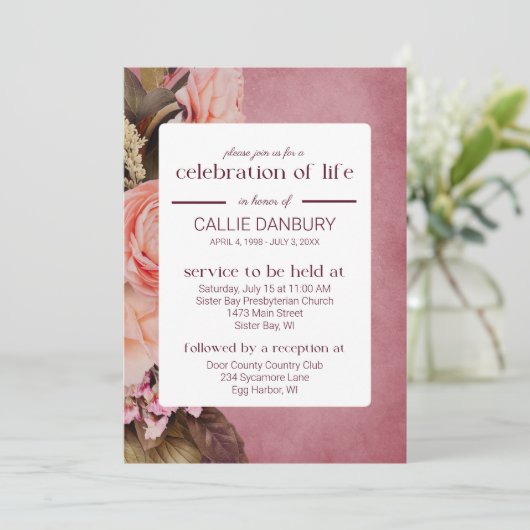 Ballerina roze bloemen begrafenis viering van het  kaart (Staand voorkant)