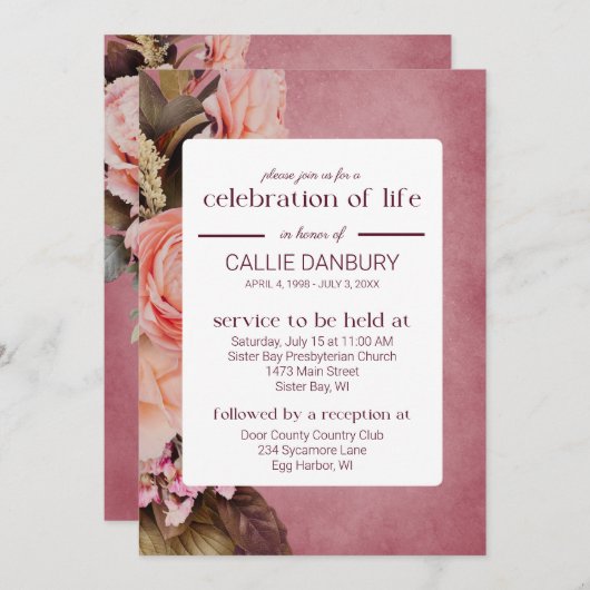 Ballerina roze bloemen begrafenis viering van het kaart (Voorkant / Achterkant)