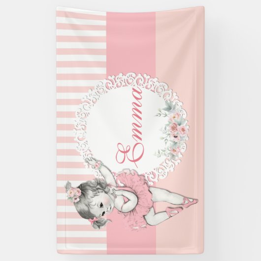 Ballerina Roze Tutu Roze Streep Bloemen Spandoek (Verticaal)