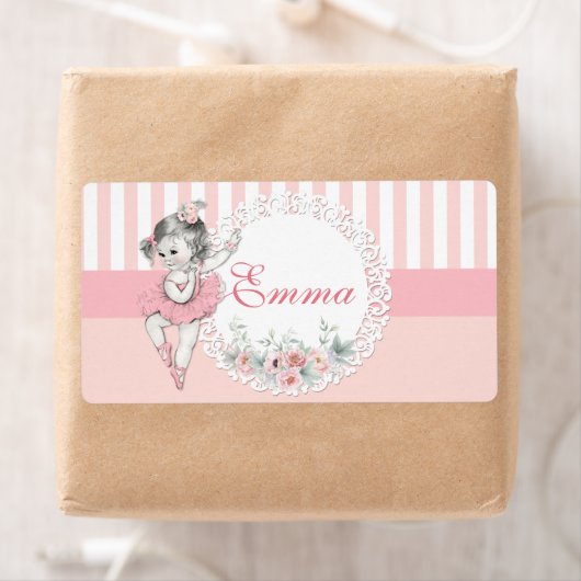 Ballerina Roze Tutu Strepen Bloemen Waterfles Etiket (Insitu)